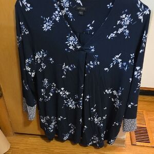J. Jill Navy Blue Floral V-neck XL Blouse